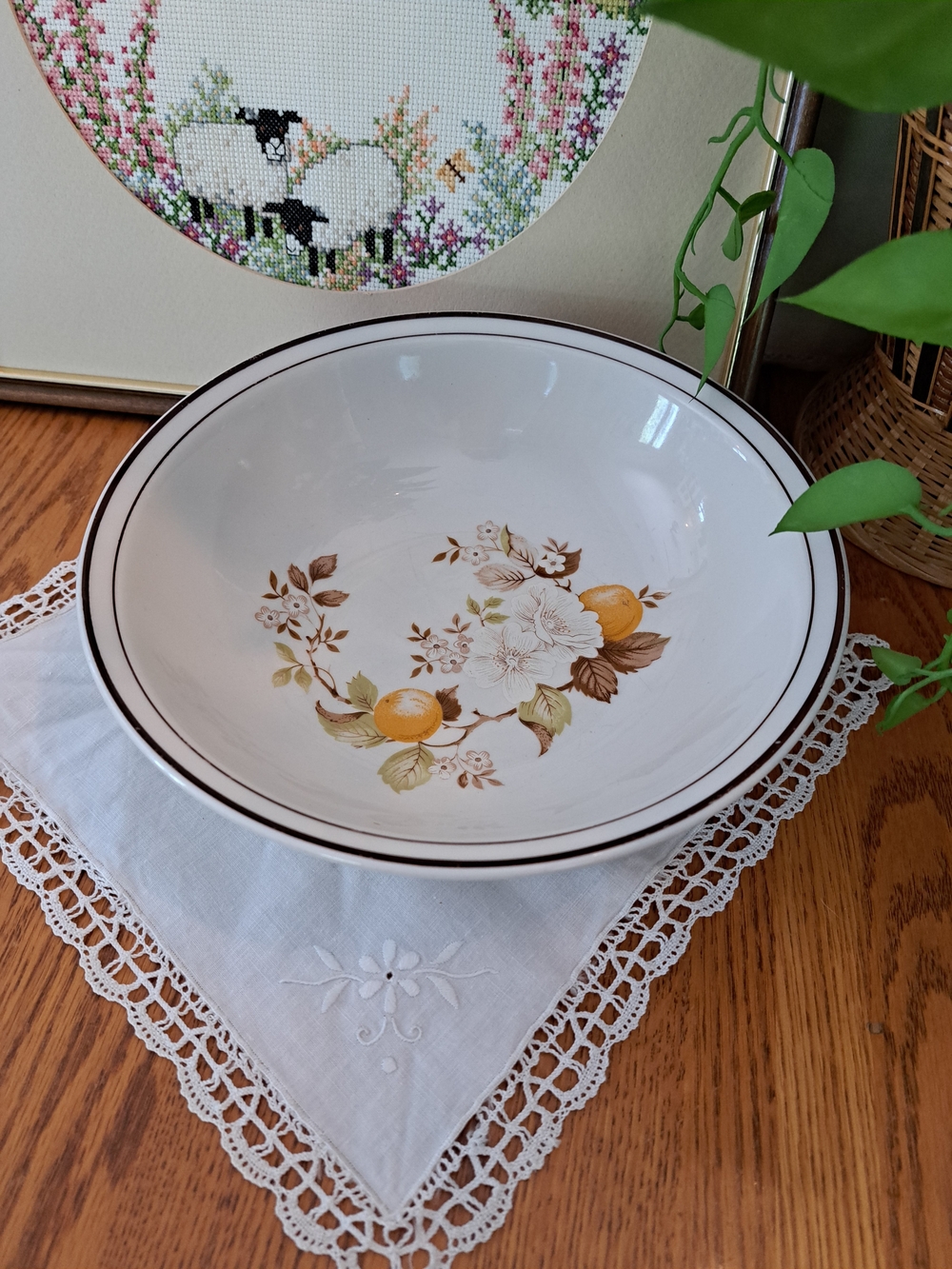 Vintage White Stonewear Serving Bowl with Floral Orange Motif